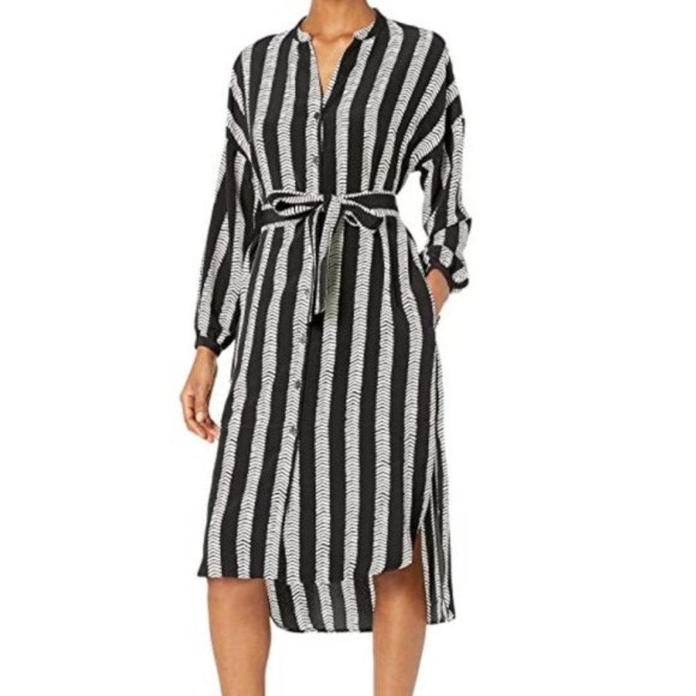 DUBGEE By Whoopi Button Black White Long Sleeve Hi-Low Belted Tunic Dress Sz Med